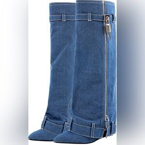 Denim fold over knee high boots zipper lock pointed toe wedge heel long boots